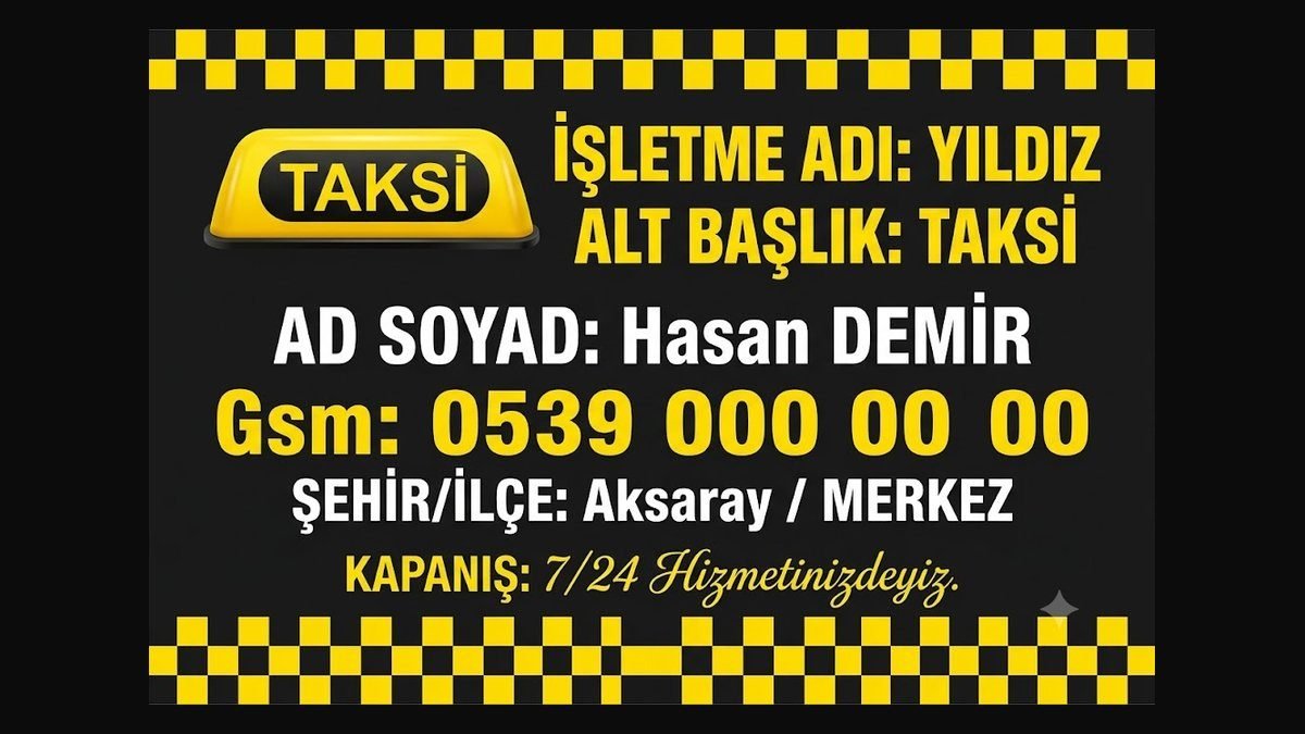 Yıldız Taksi kartvizit örneği — siyah zemin, dama şerit, tepe lambası, büyük numara
